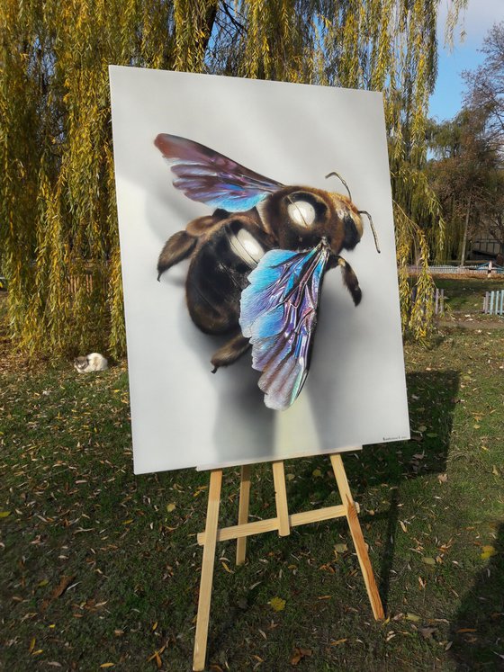 Bee painting on canvas,  original art bee, bee art, hyperrealism art insect