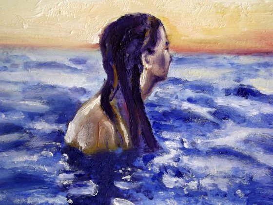SUMMER MEDITATION BY THE SEA - Seascape painting-30 x 20.5 cm