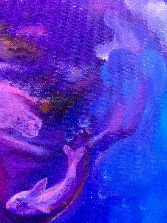 Phantasmagoria - original blue-violet abstract animals oil art painting on stretched canvas