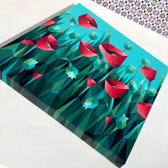 SCARLET POPPIES ON A TURQUOISE BACKGROUND