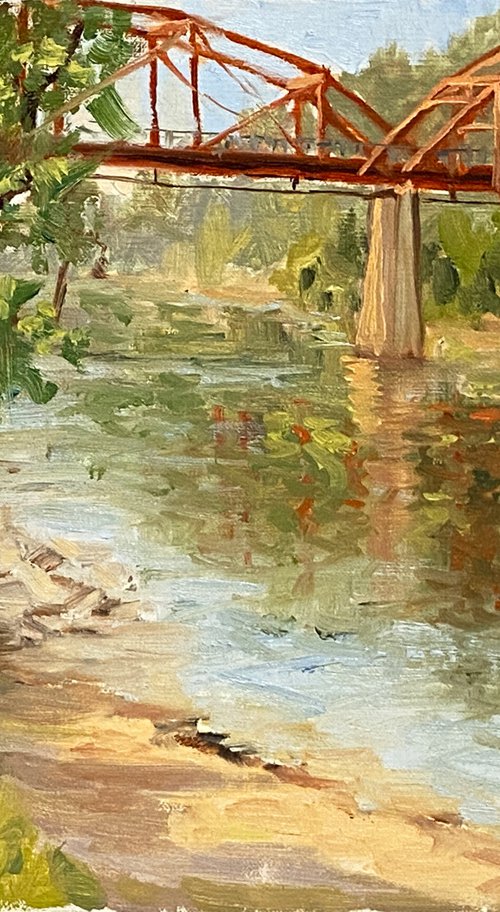 Red Bridge Reflections plein air by Tatyana Fogarty