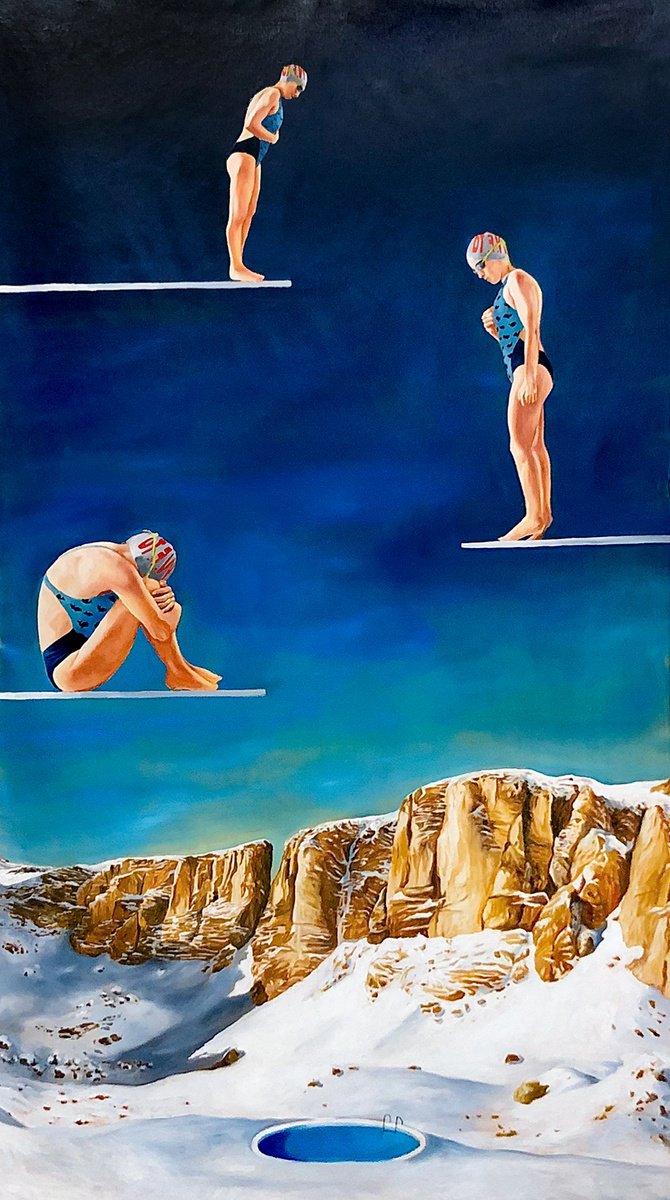 Surrealistic Landscape Oil Painting By Sofia Fresia, 30 X 58", The Vertigo Of Becoming, Original Artwork