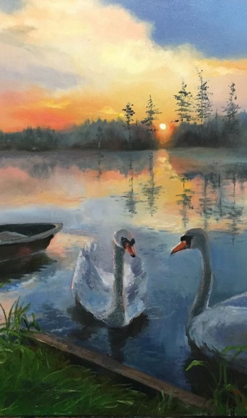 Lake Painting Sunset Landscape painting 50x70cm by Leo Khomich