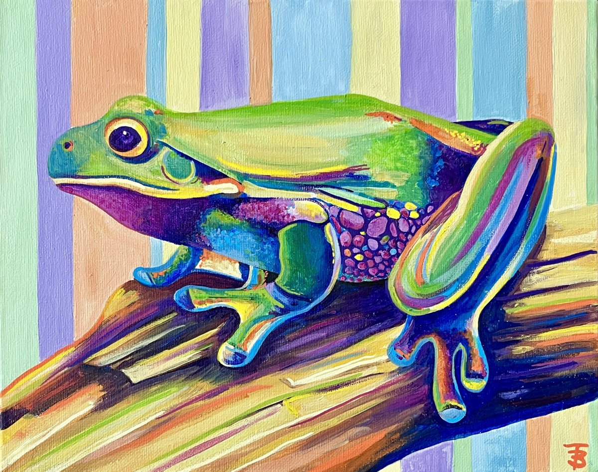 Geometric Animal Acrylic Painting By Tiffany Budd, 12 X 9", The Colourful Frog, Original Artwork