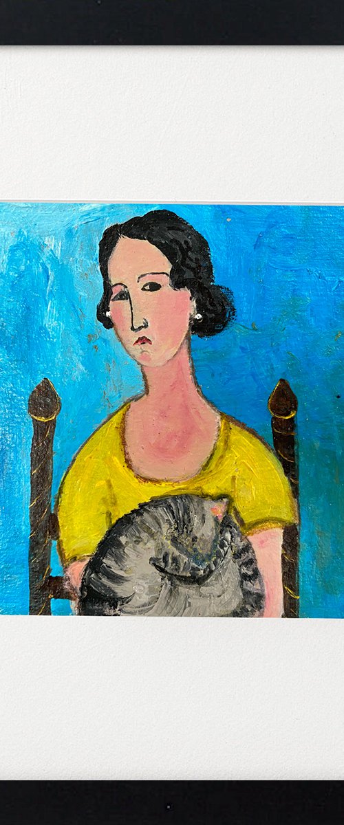 Woman Yellow Dress Tabby Cat by Teresa Tanner