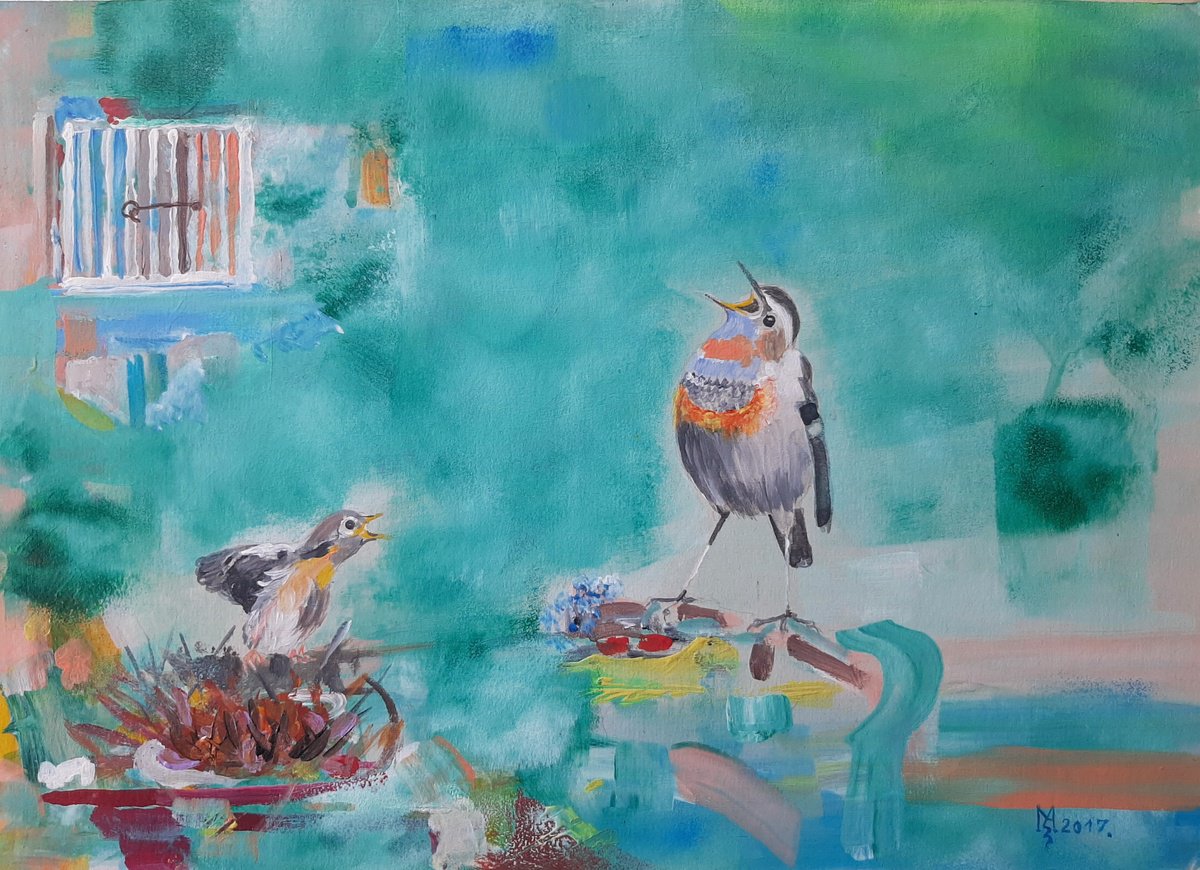 Impressionistic Animal Acrylic Painting By Zoran Mihajlovic Muza, 15 X 11", Morning Greetings, Original Artwork