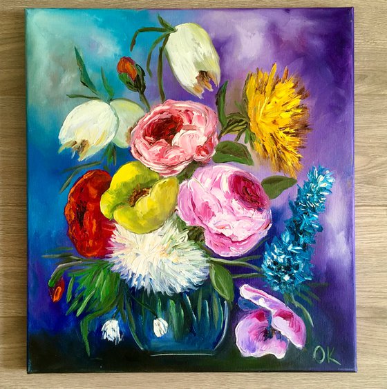 BOUQUET OF SUMMER FLOWERS    palette knife modern Still life Dutch style office home decor gift