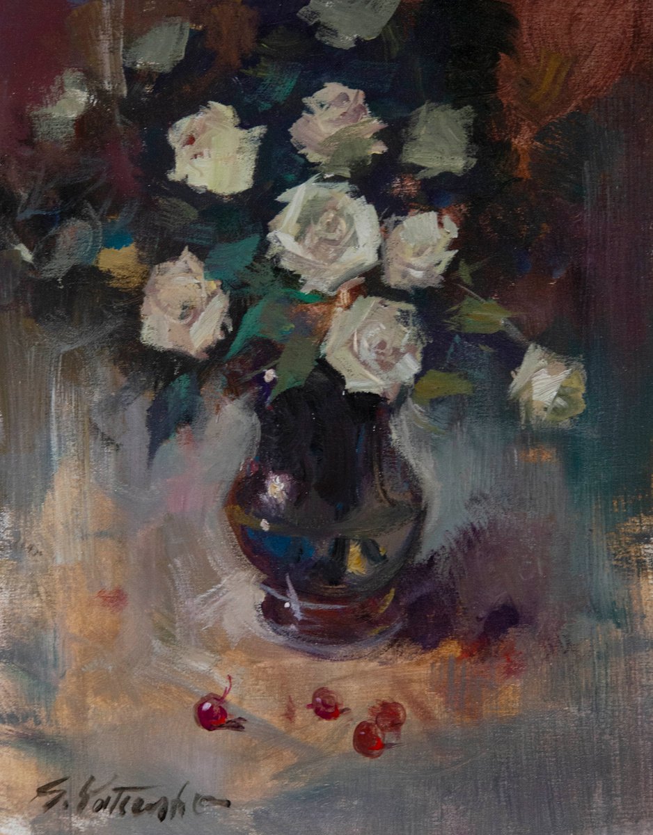 White roses and cherries by Sergei Yatsenko