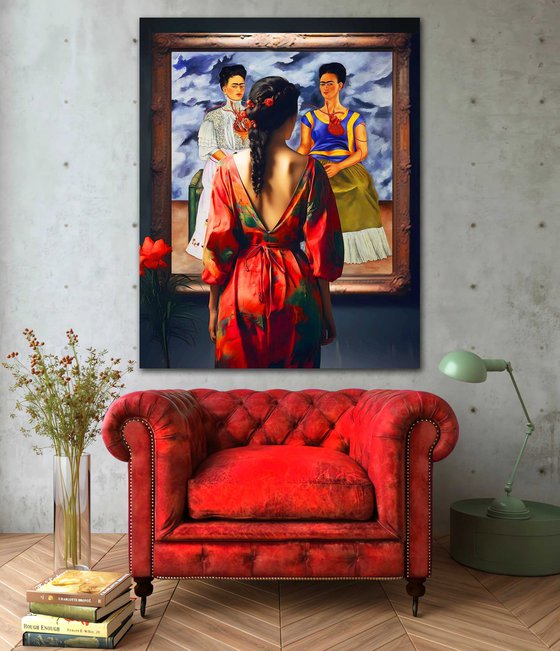 Frida Kahlo. Large original female portrait. Woman in museum art gallery with Two Fridas painting. Art Gift