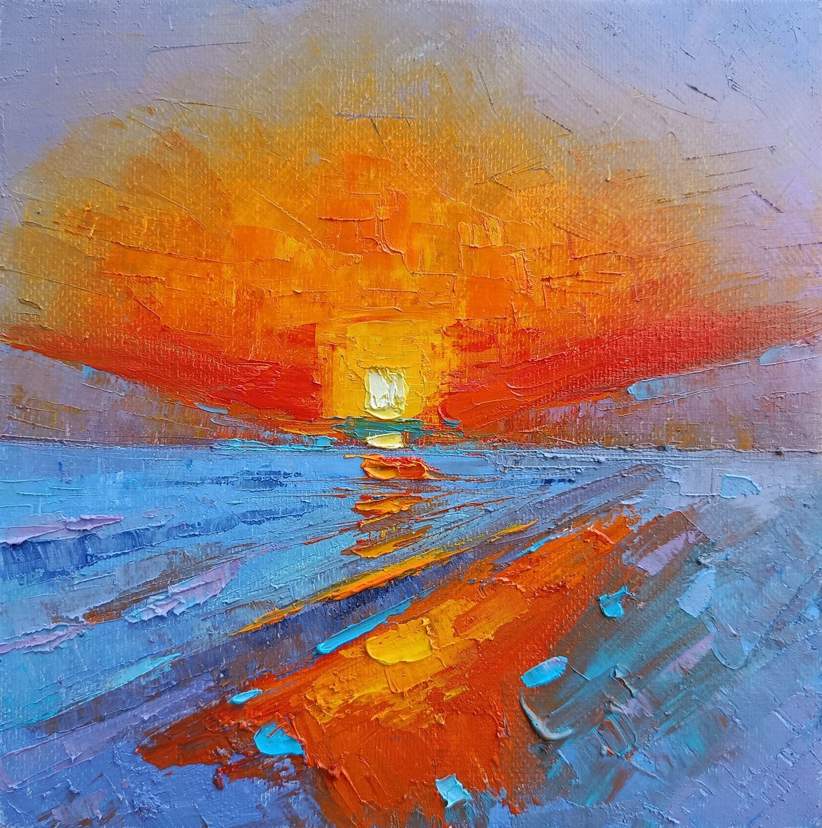 Impressionistic Landscape Oil Painting By Narek Qochunc, 8 X 8", Flames Over Water, Original Artwork