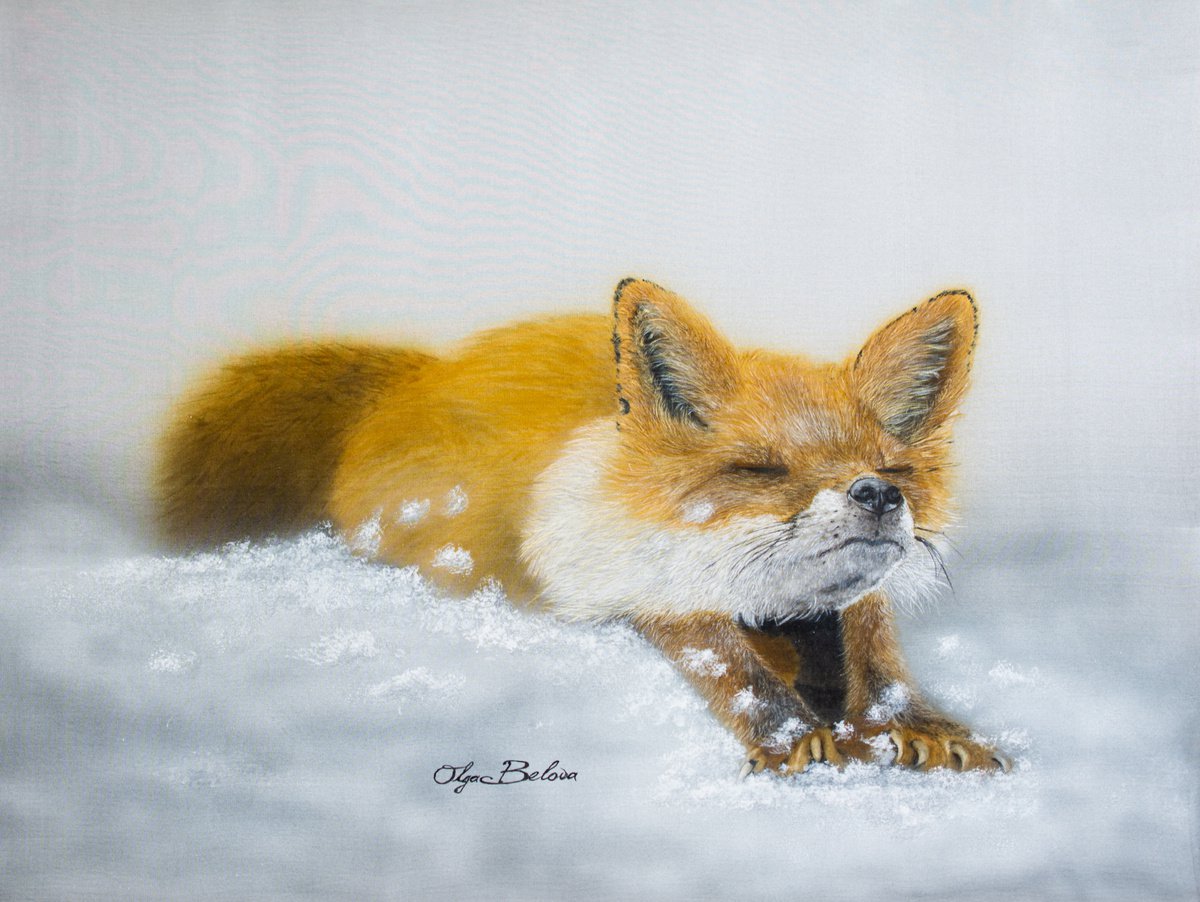 Sleepy fox - Silk painting by Olga Belova