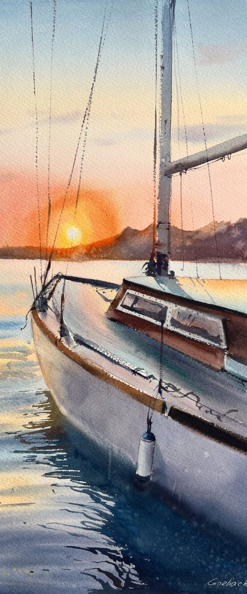 Yacht at sunset #7 by Eugenia Gorbacheva
