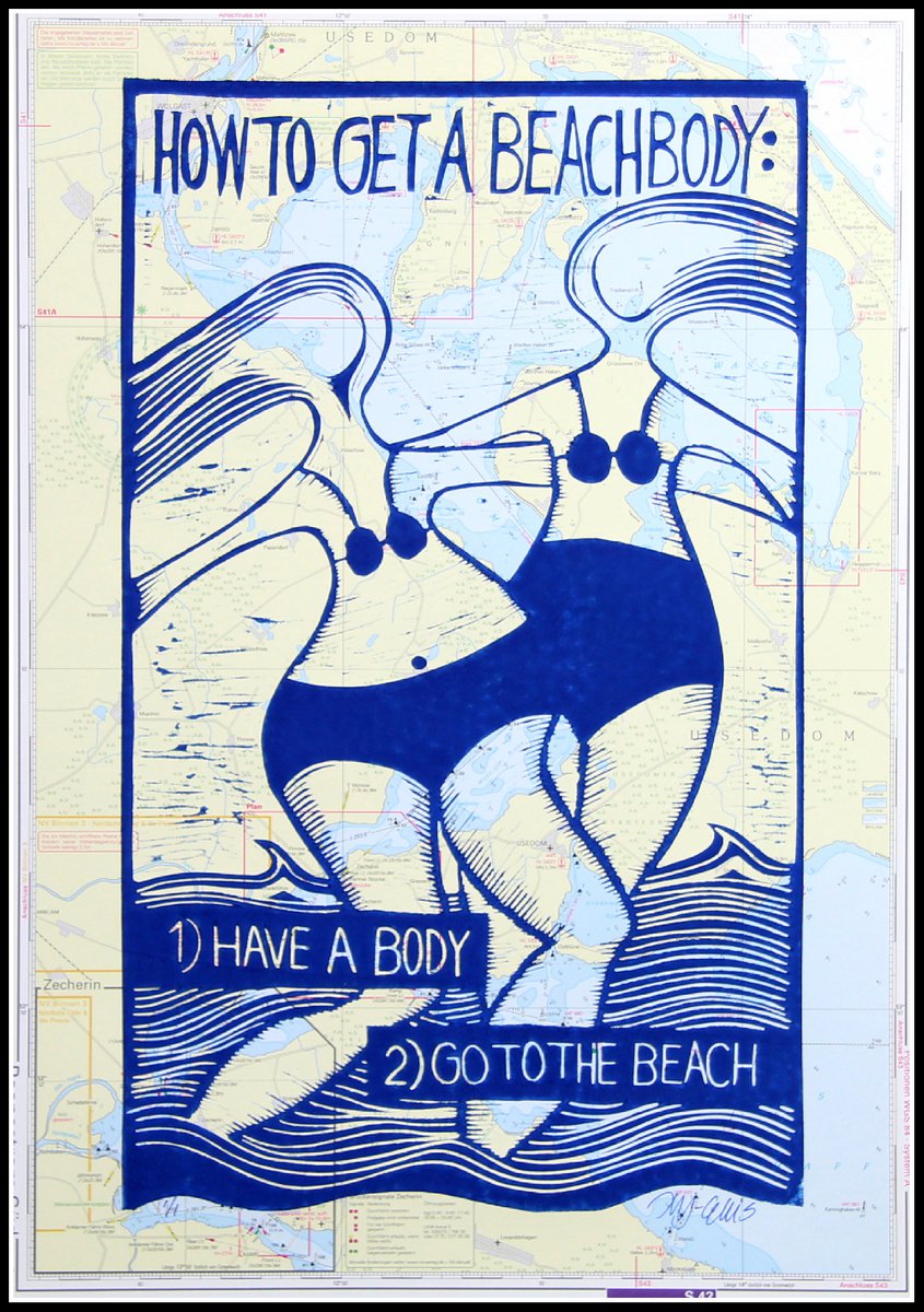 How to get a Beachbody, Linocut on seachart by Mariann Johansen-Ellis