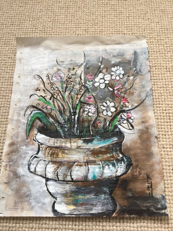 Pot Flowers Acrylic on Newspaper Nature Art Flower Painting of Colour Floral Art 37x29cm Gift Ideas Original Art Modern Art Contemporary Painting Abstract Art For Sale Buy Original Art Free Shipping