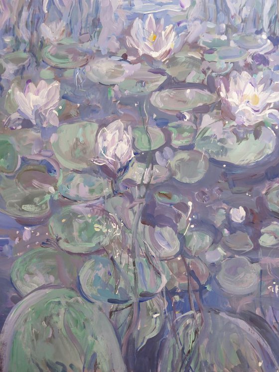 Large painting 160x100 cm unstretched canvas "Lilies in a dark water" i030 original artwork by Airinlea