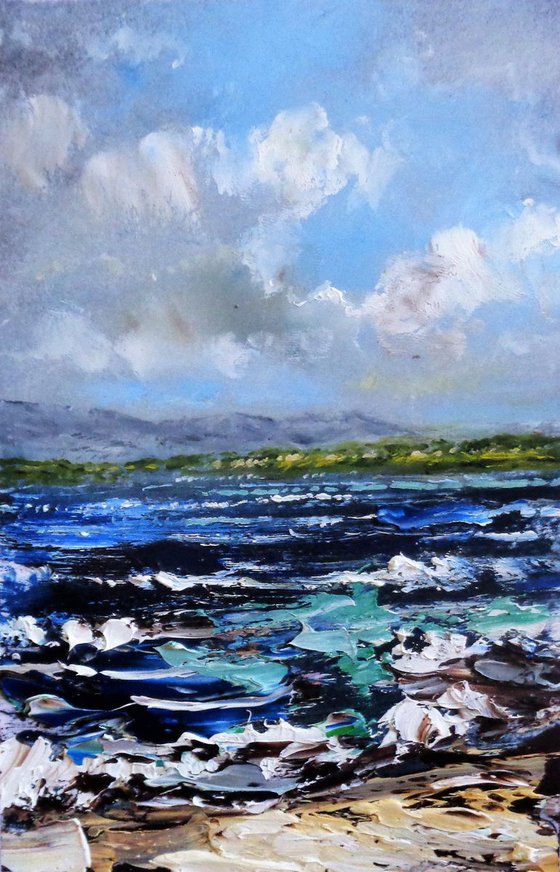 Miniature study Anglesey Beach. Seascape, waves, small oil painting