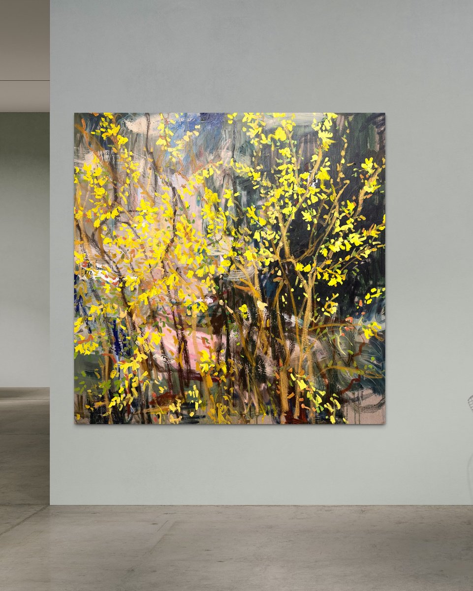 Garden awaits the spring. Forsythia Golden Bell by Lilia Orlova-Holmes