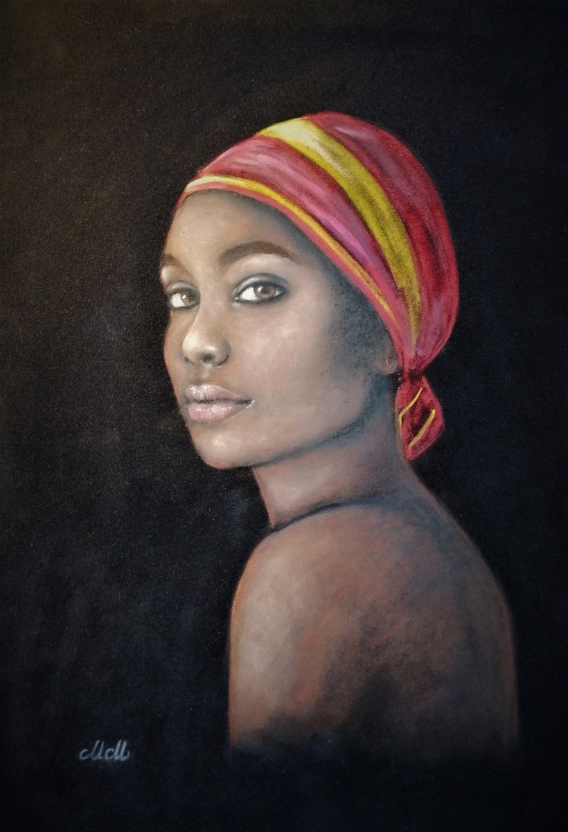 African Beauty - original oil pastel portrait painting by Mateja Marinko