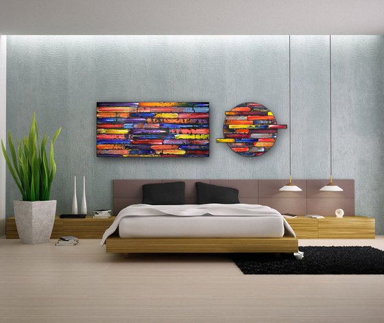 "Inseparable" - Save As A Series - Original PMS Sculptural Oil Painting Assemblage Diptych On Circular Wooden Panels - 79 x 24 inches