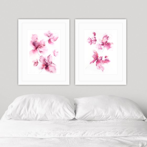 Pink watercolor floral paintings set