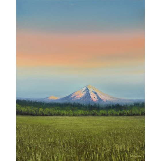 Mount Hood - Blue Sky Green Field Landscape