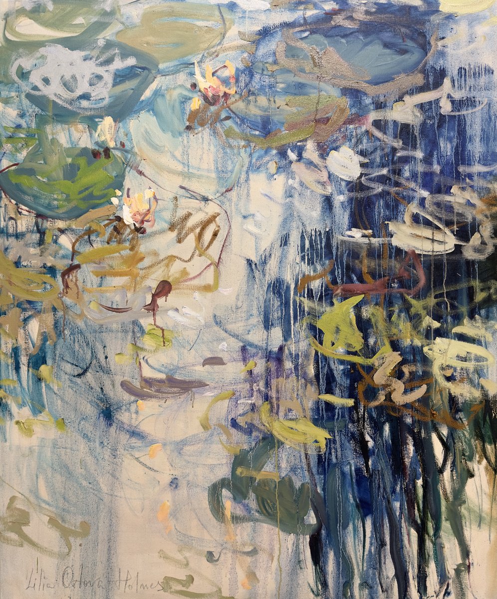 Expressive Landscape Oil Painting By Lilia Orlova-Holmes, 39 X 47", Water Lilies. Blue Reflections, Original Artwork