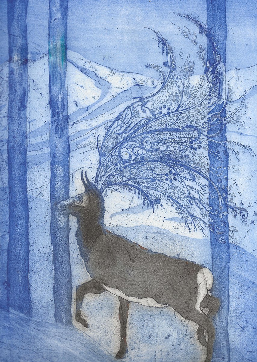Illustrative Animal Etchings & Engravings By Jane Daniell, 9 X 12, Once Upon A Reindeer, Original Artwork