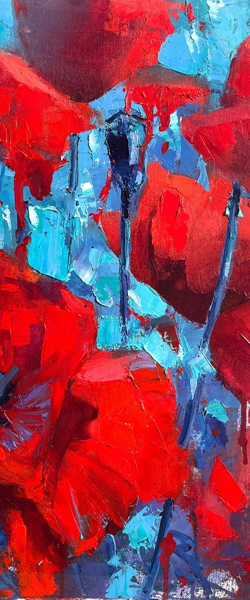 Colourful Poppies on Blue – Oil Painting by Elena Recondo