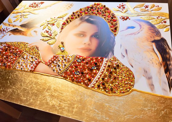 Queen \ Princess - Mixed media photo collage with precious stones, rhinestones, gold petal
