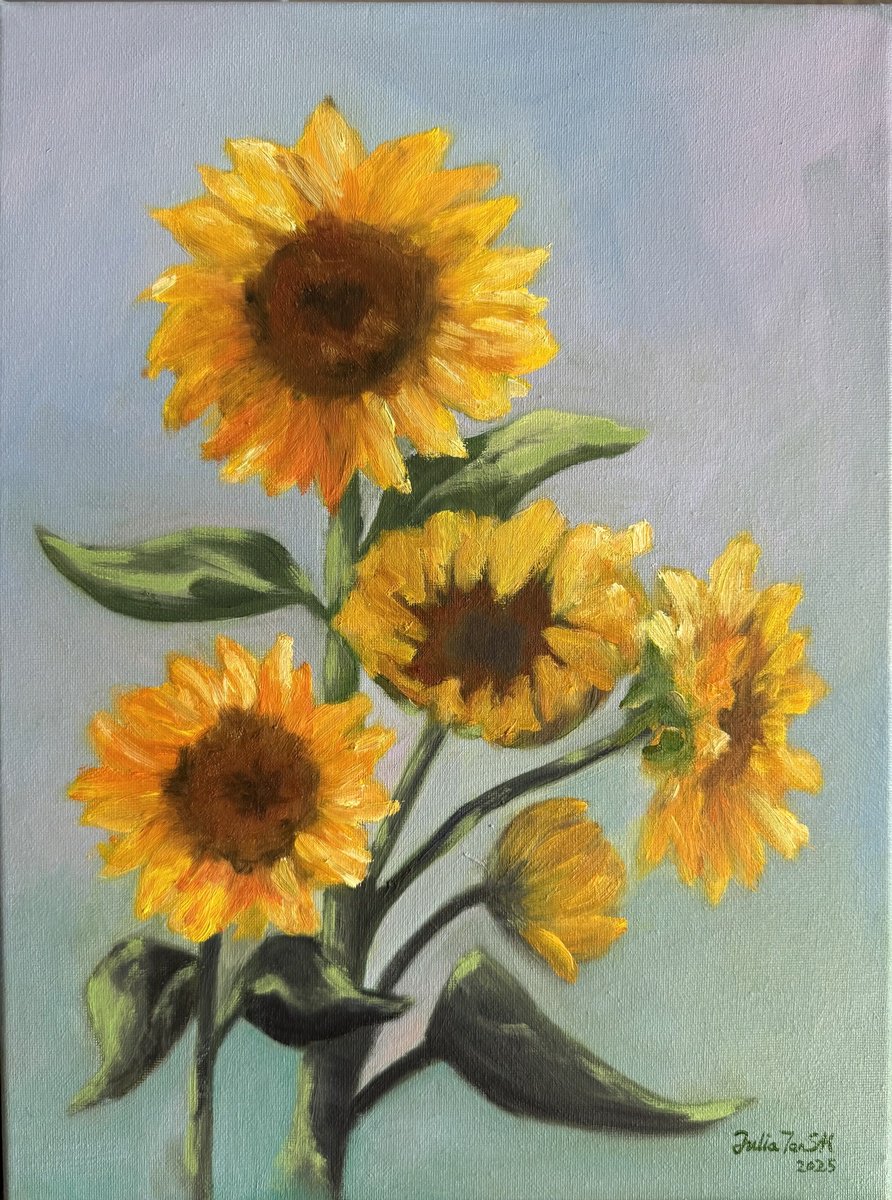 Impressionistic Still Life Oil Painting By Julia Tan Sh, 12 X 16", Sunflowers, Original Artwork