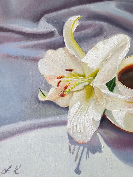 "A small cup of aromatic coffee. "  still life summer  white liGHt original painting  GIFT (2021)