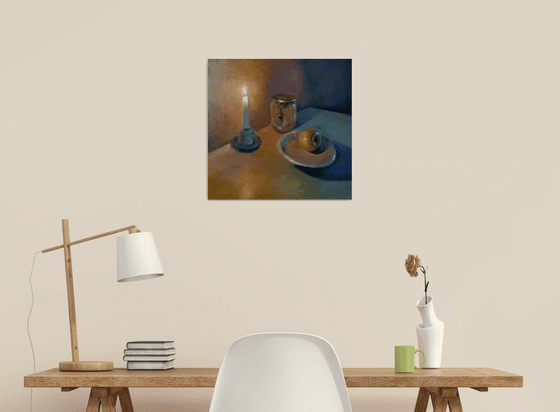 Still life-candle and apple (42x43cm, oil painting, ready to hang)