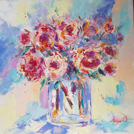 Morning Joy III-Roses oil painting-Still life roses