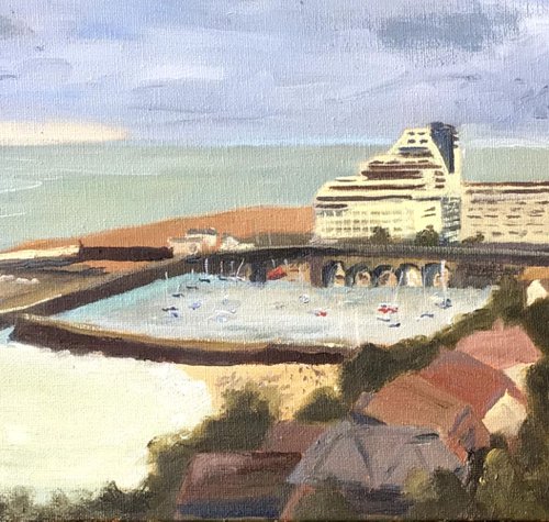 Folkestone harbour from the Warren, oil painting by Julian Lovegrove Art