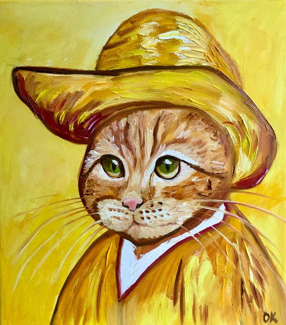 Cat in a straw hat with green eyes La Vincent Van Gogh