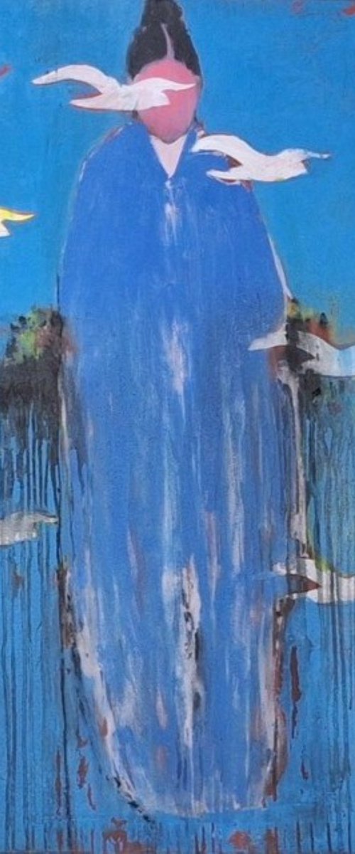 Silent Ascension – Blue Figure with Birds by Gela MIKAVA