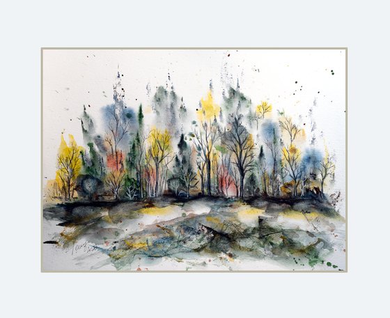 Forest in late summer - original watercolor and ink painting