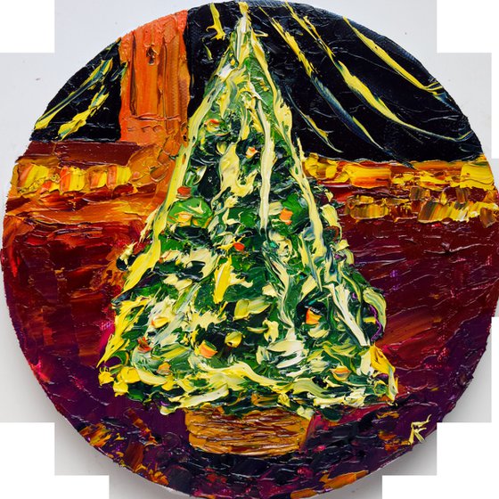 Christmas tree original oil painting on canvas, small round artwork, holiday decor, Christmas gift