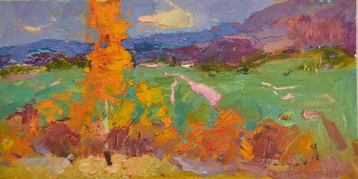 Impressionistic Landscape Oil Painting By Alexander Shandor, 16 X 8, Autumn Sketch, Original Artwork
