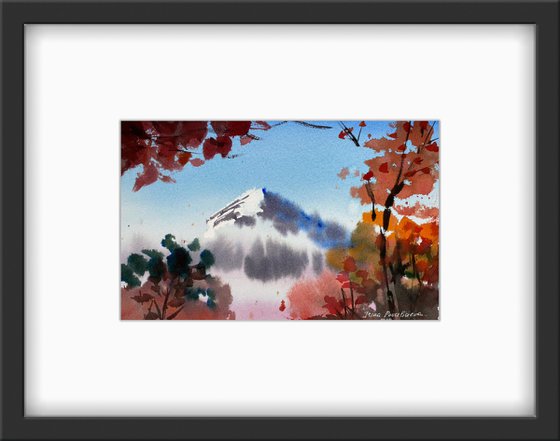 Autumn  Fujiyama original art work, blue sky and  red tree in small painting
