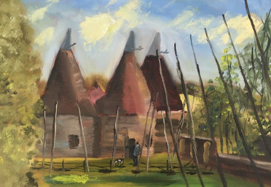 Oast houses oil painting