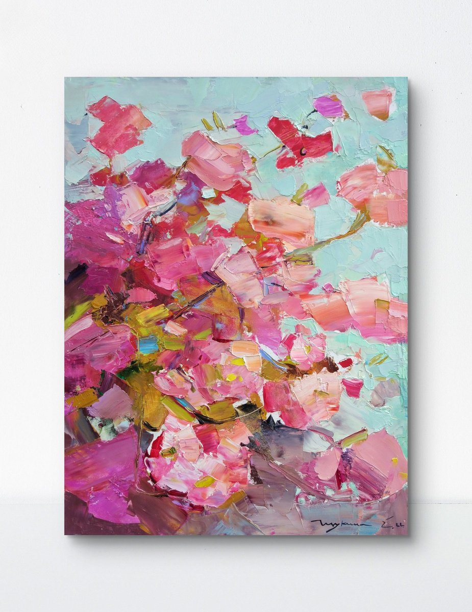 Impressionistic Botanical Oil Painting By Helen Shukina, 12 X 16, Blossoming Cherry Tree Branches., Original Artwork