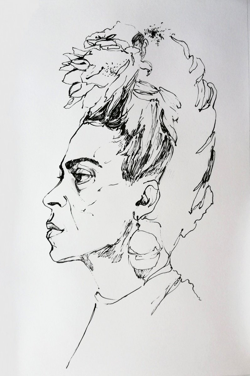 Impressionistic Portrait Ink Drawing By Jelena Djokic, 12 X 18, Frida, Original Artwork