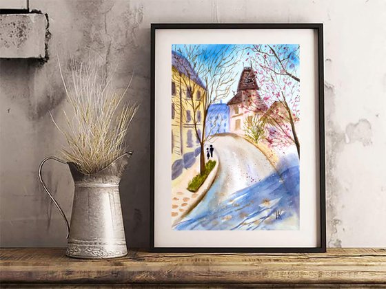 Paris Painting Cityscape Original Art Architecture Watercolor Painting Small Home Wall Art 8 by 12" by Halyna Kirichenko