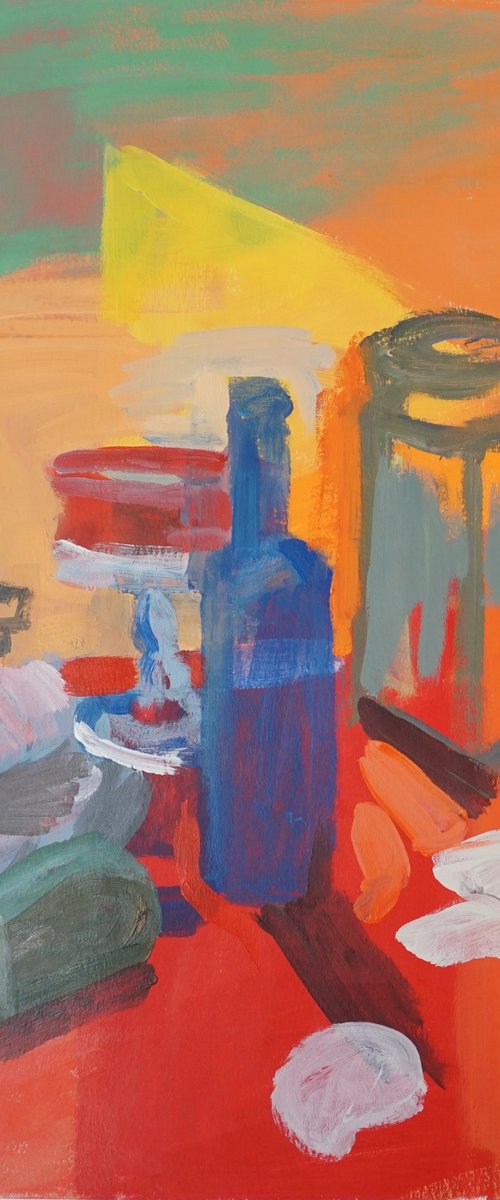 Blue Bottle with Red Candy Dish by Patty Rodgers