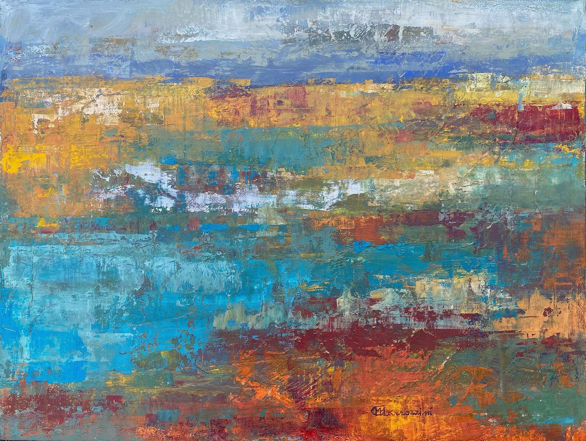 Abstract Landscape Acrylic Painting By Marcello Carrozzini, 16 X 12", Somewhere, Original Artwork