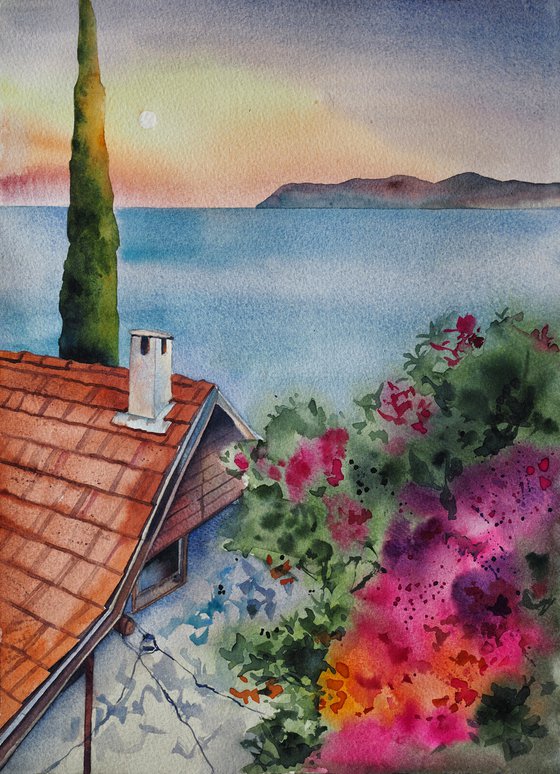 Mediterranean vibe - original watercolor cityscape seaview