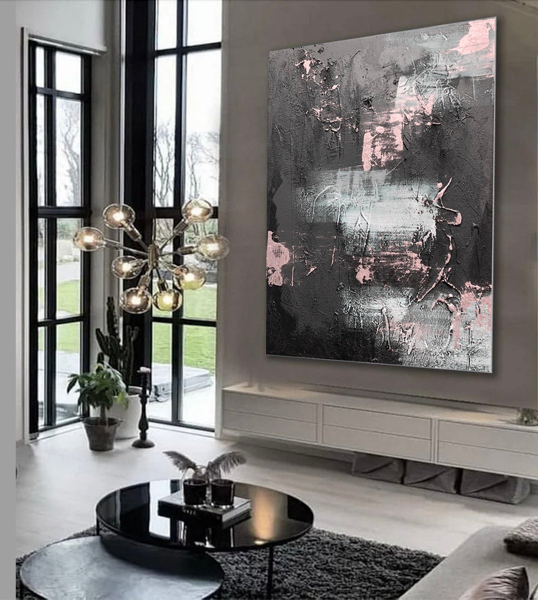 Abstract Acrylic Painting By Indie Ru, 39 X 47, Abstract Black Pink, Original Artwork