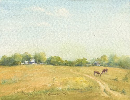 Last summer day. Rural landscape with horses / ORIGINAL watercolor ~14x11in (35x27cm) by Olha Malko