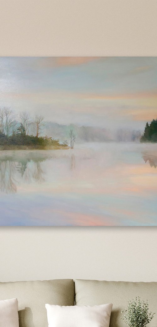 "River Fog 3" River blue oil landscape by Mary Amur